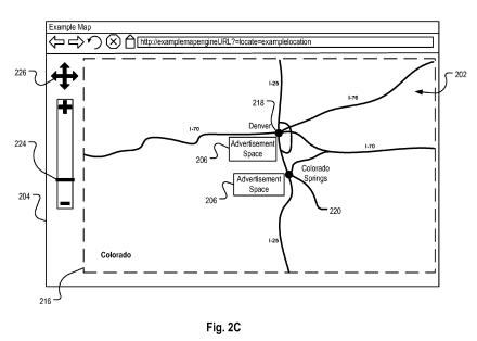 A screenshot from the patent filing showing advertisements on a map of a part of Colorado with advertisements shown on the map itself.